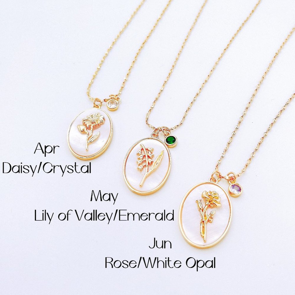 New Birth Flower Necklace with Birthstone Gold Necklace, Mother of Pearl Pendant - Picture 6 of 7
